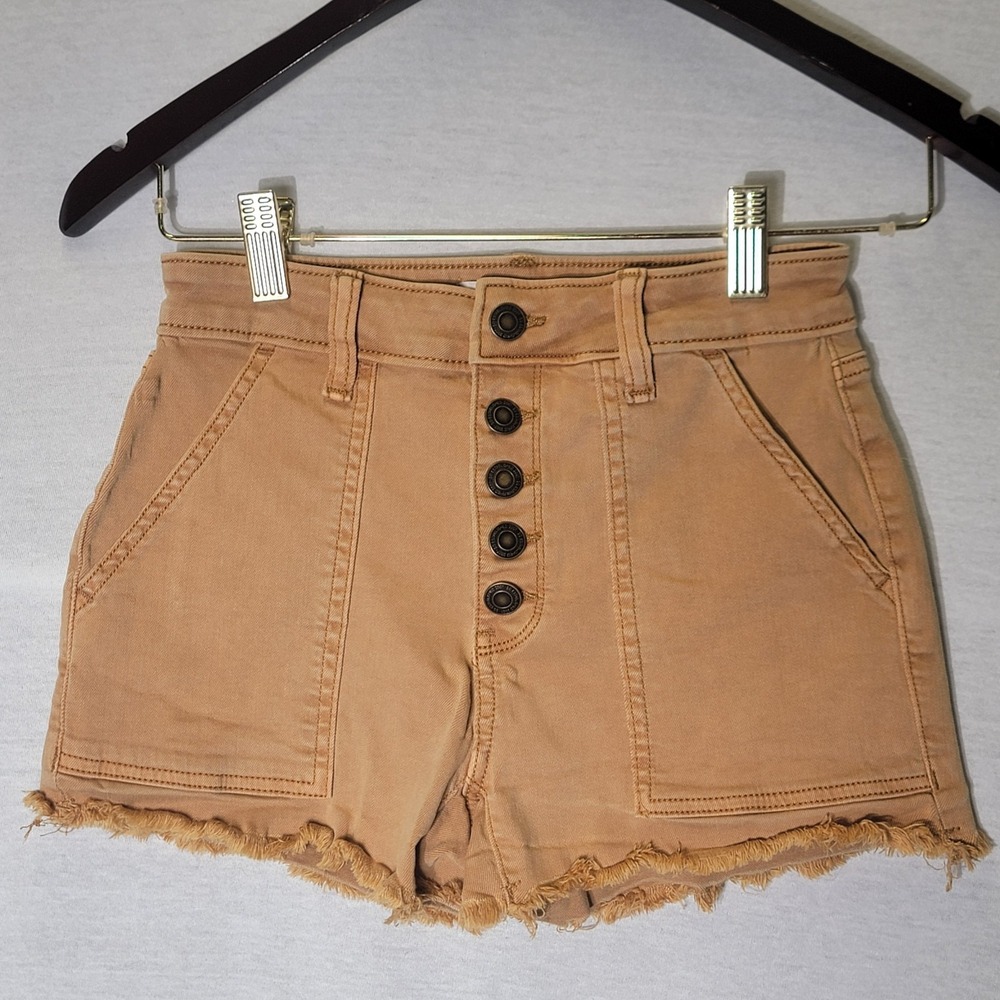 SO Khaki High Rise Reg Fit Stretch Raw Hem Jean Utility Shorts Sz 0/24w Y2k Insp